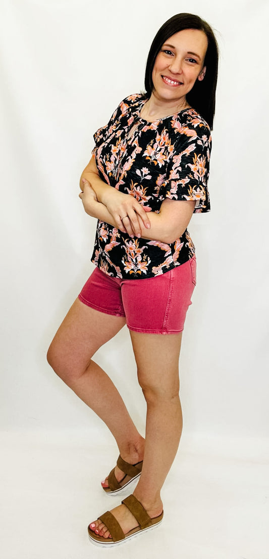 Tribal Tea Rose Black & Pink Raglan Top