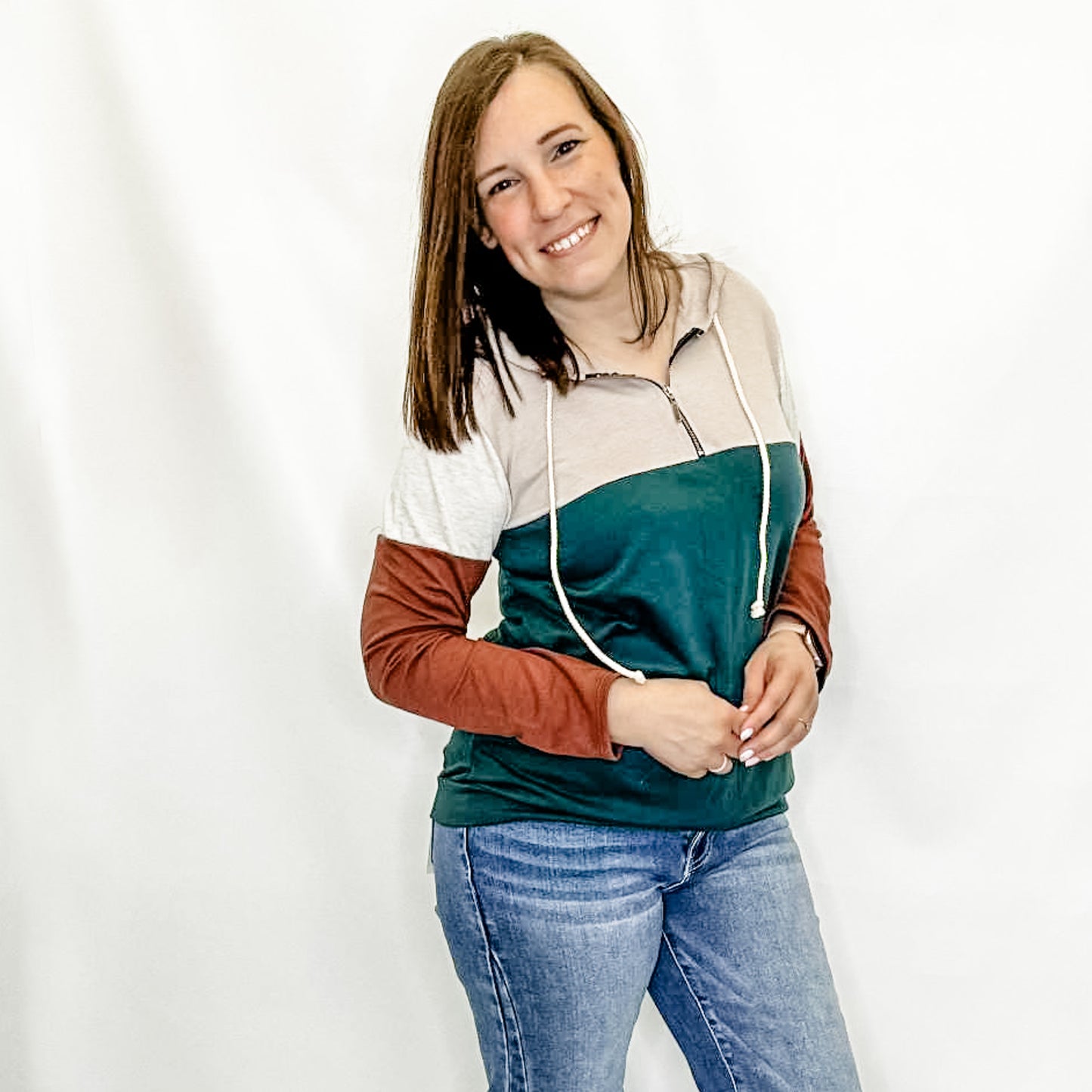 Forest Green Color Block Quarter Zip Hoodie