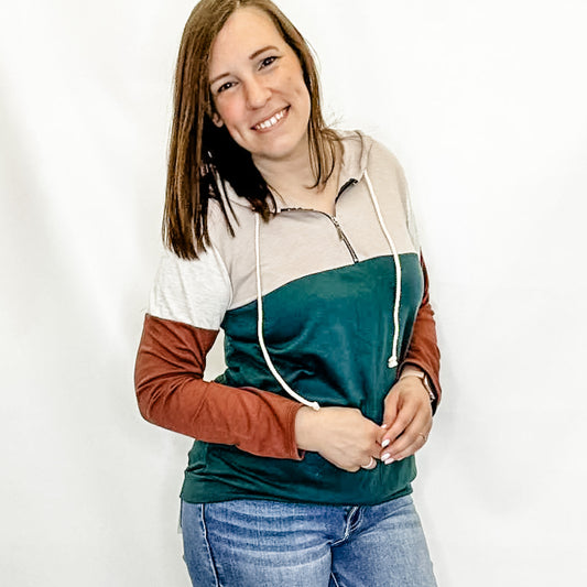 Forest Green Color Block Quarter Zip Hoodie