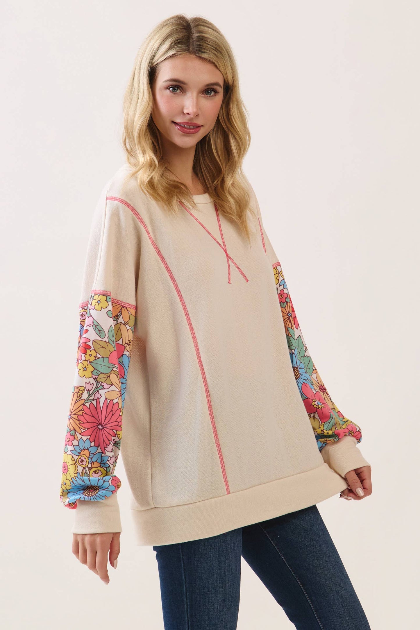 Cream & Bright Floral Contrast Sleeve Pullover Top