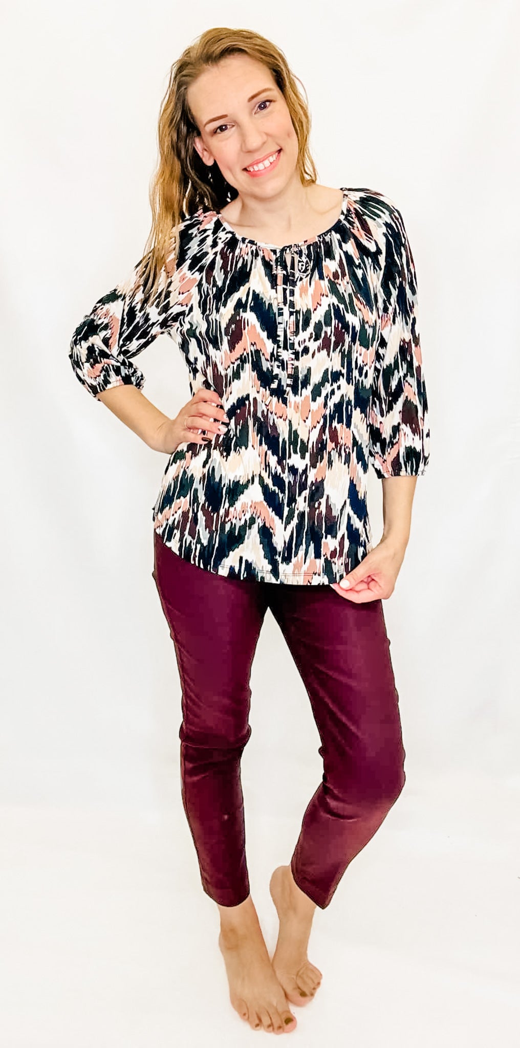 Multiples Eggplant 3/4 Sleeve Peasant Top