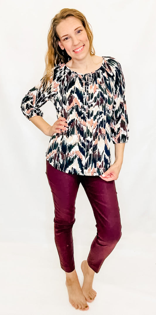Multiples Eggplant 3/4 Sleeve Peasant Top
