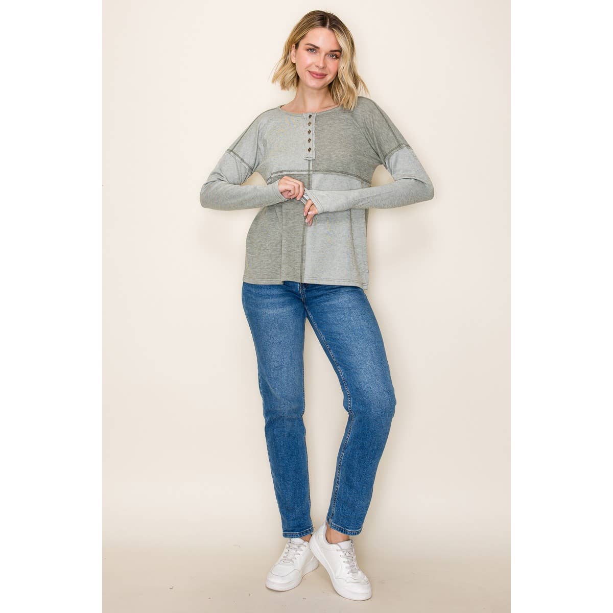 Olive Half Button Color Block Top