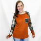 Orange Plaid and Rust Waffle Knit Long Sleeve Top