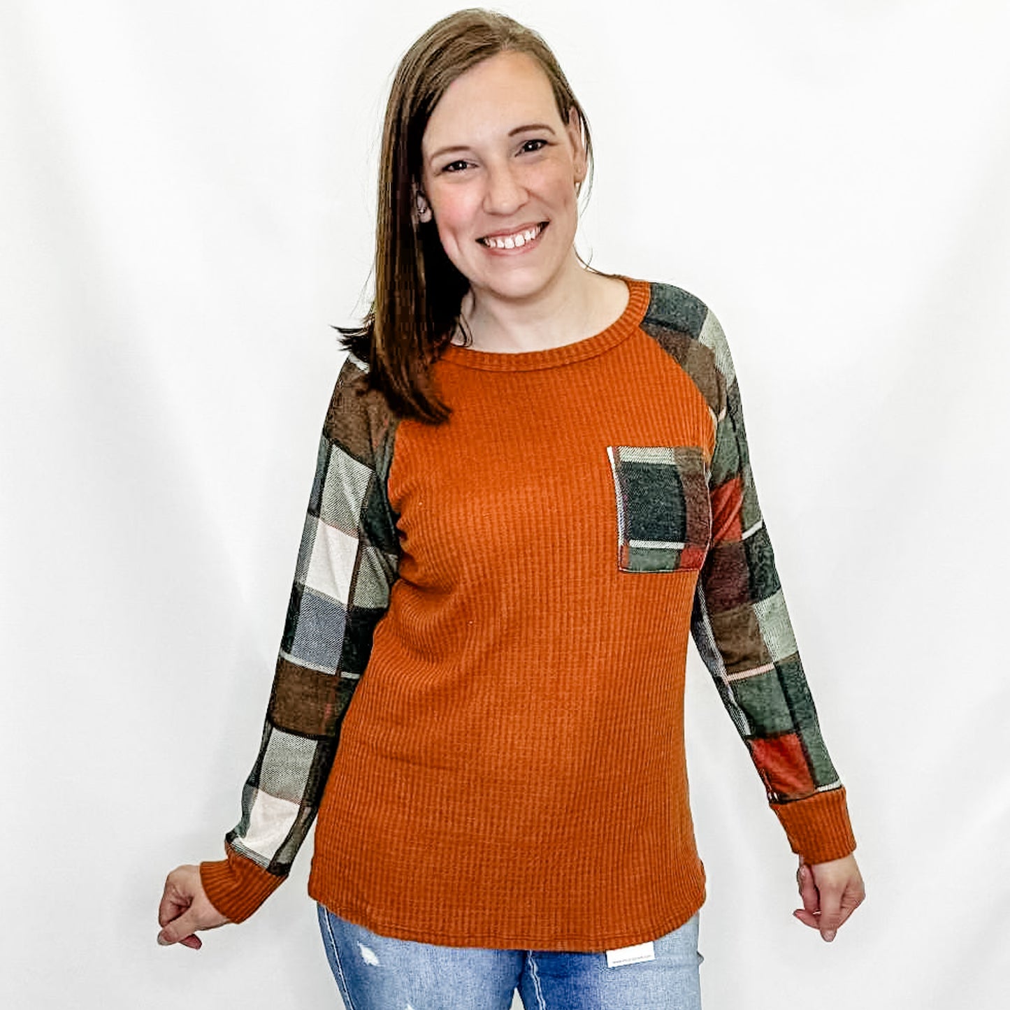 Orange Plaid and Rust Waffle Knit Long Sleeve Top