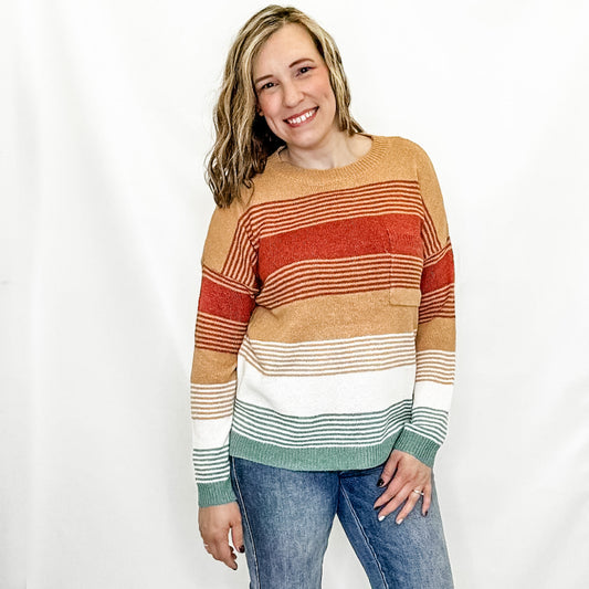 Camel, Rust & Green Striped Lightweight Sweater