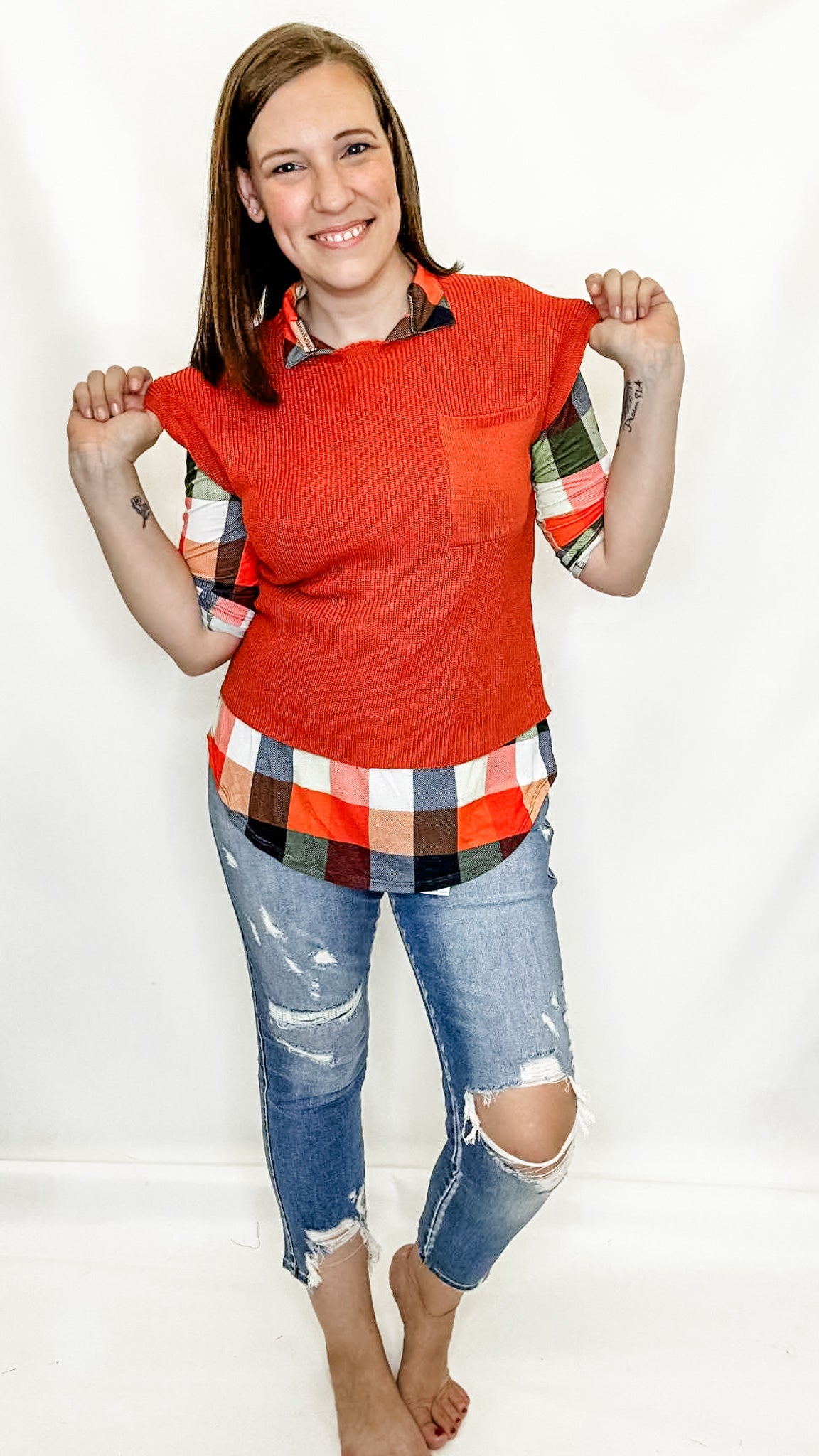 Orange & Green Plaid Dress Top