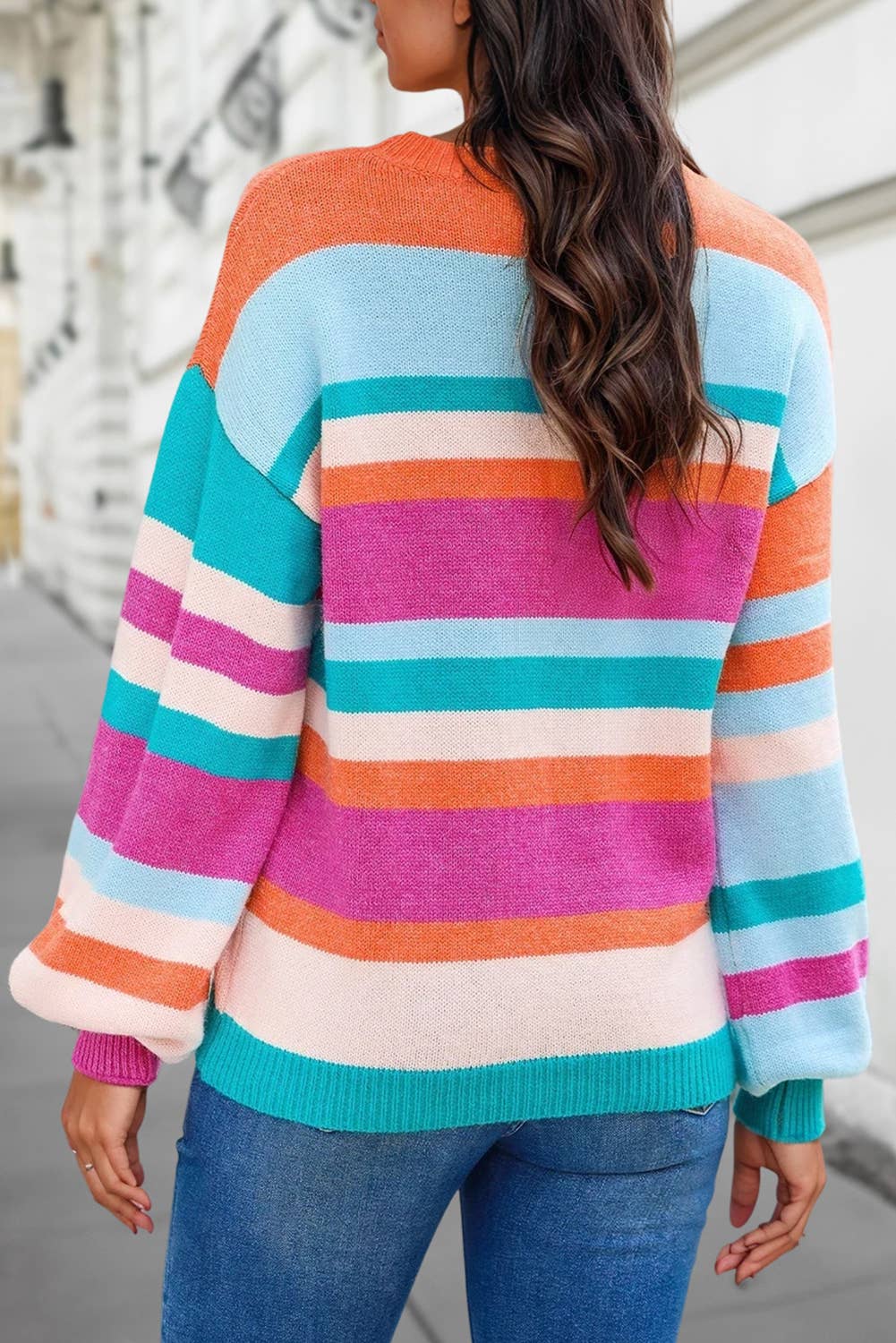 Multi-Color Striped Knit Drop Shoulder Sweater