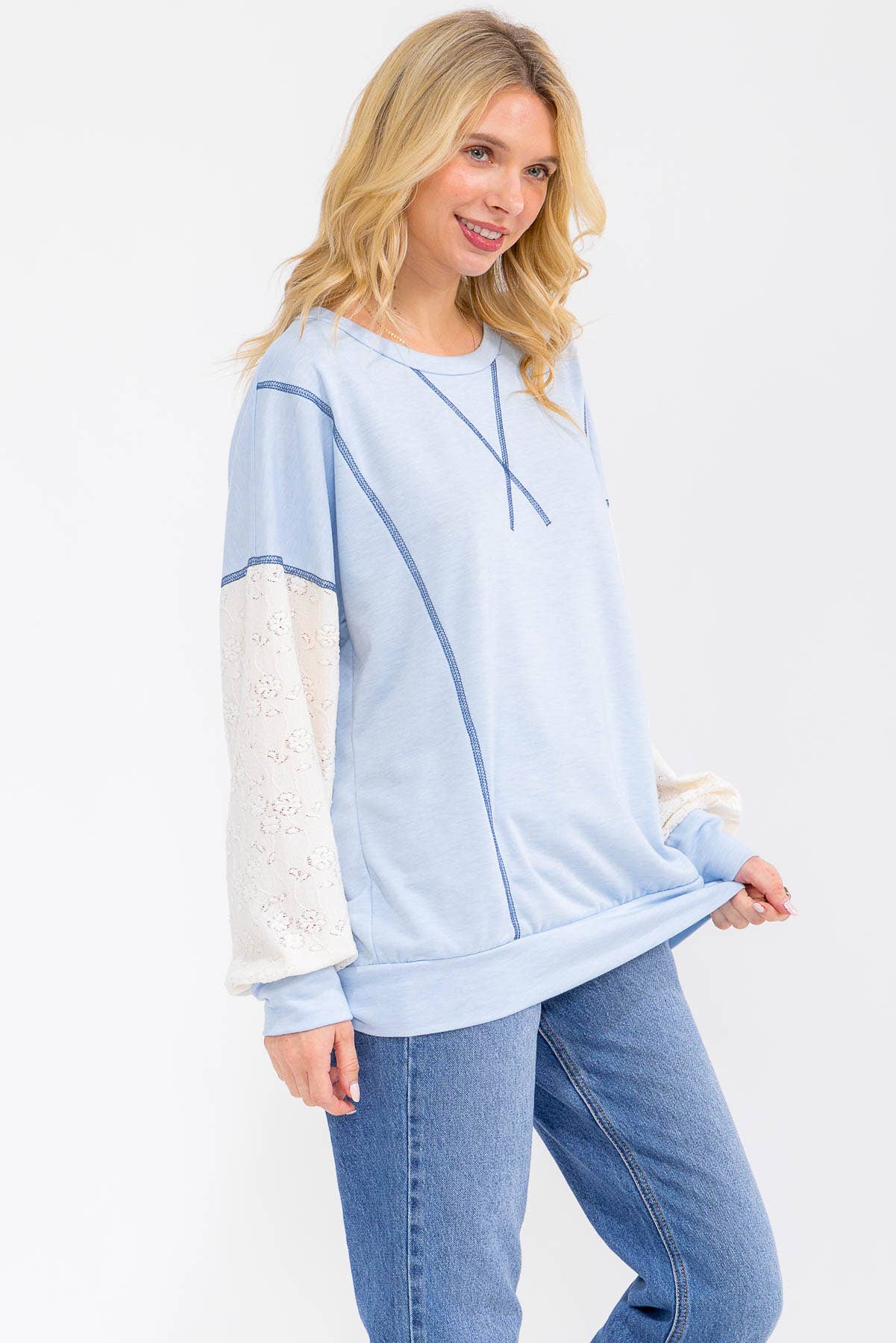 Light Blue Contrast Lace Sleeve Pullover Top