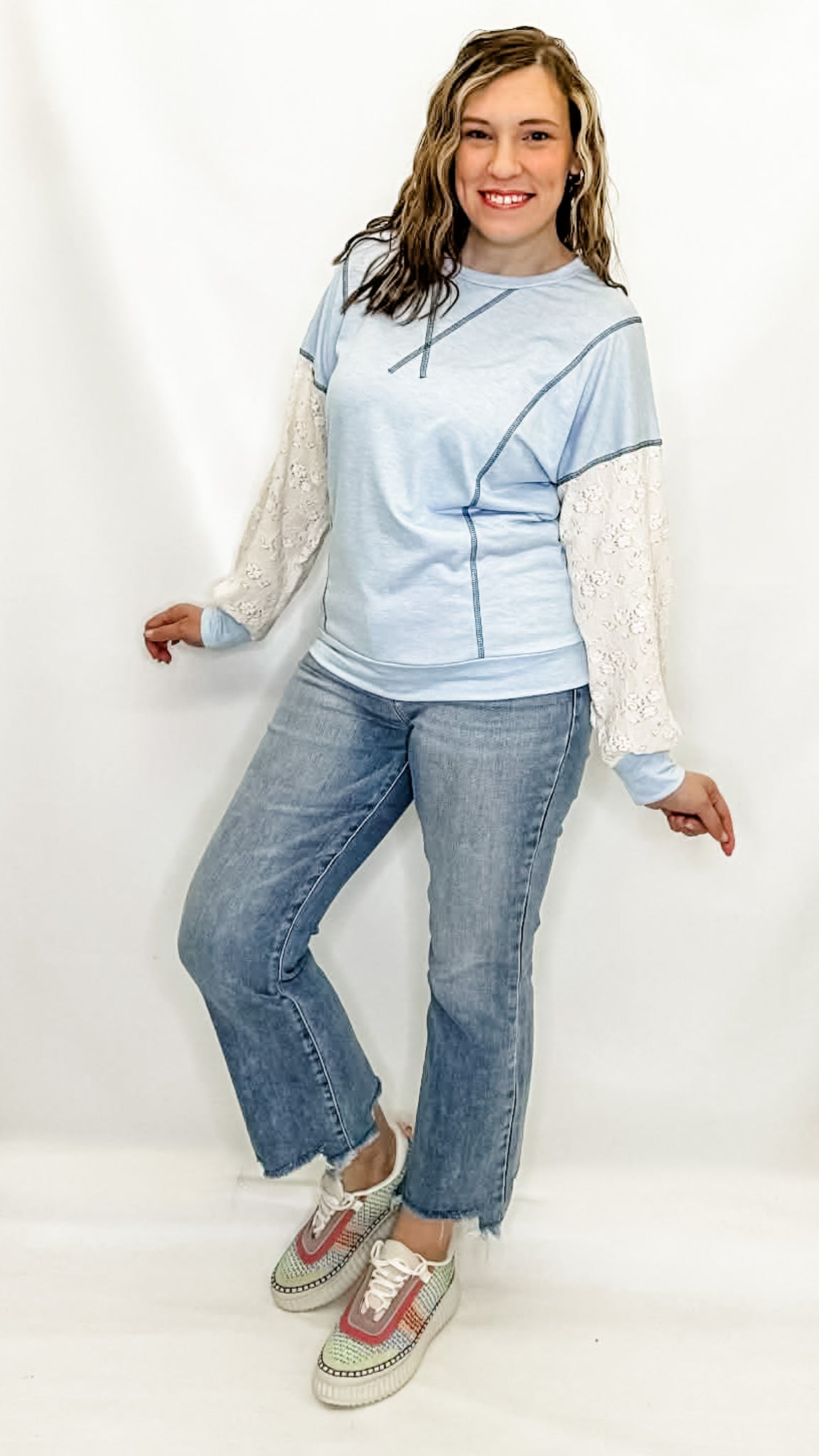 Light Blue Contrast Lace Sleeve Pullover Top