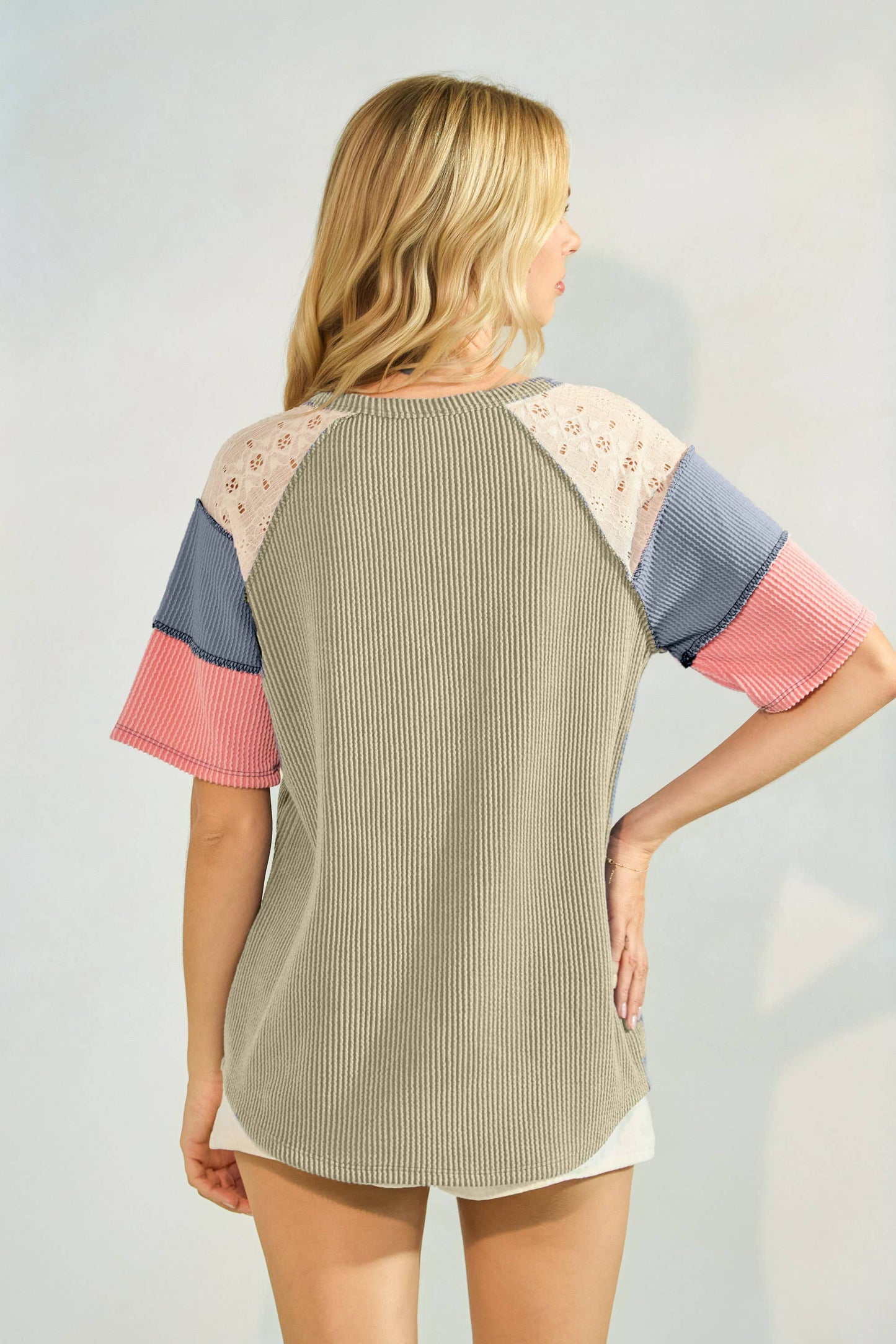 7th Ray - Rib Patchwork Button Front Raglan Short Sleeve Top T5942