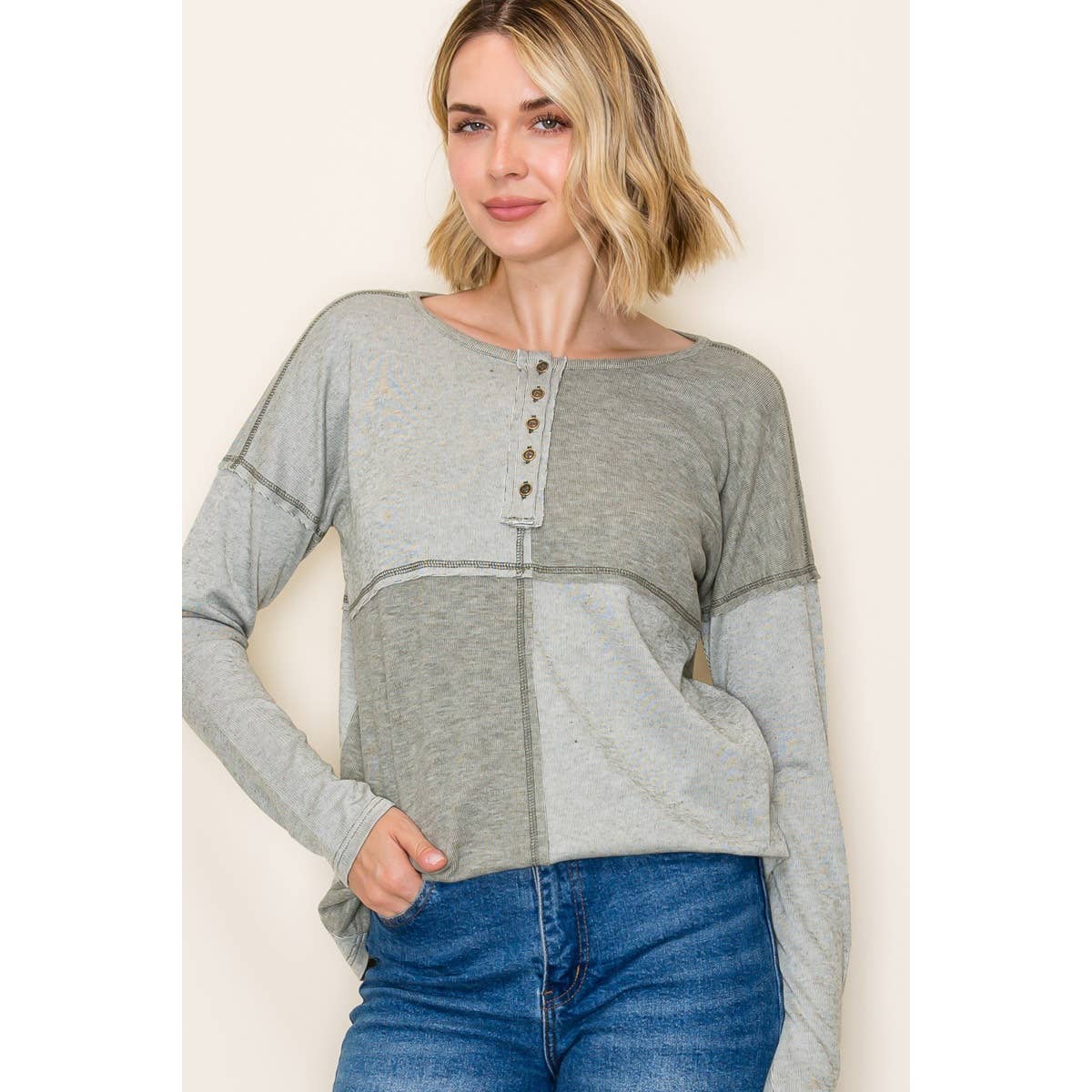 Olive Half Button Color Block Top