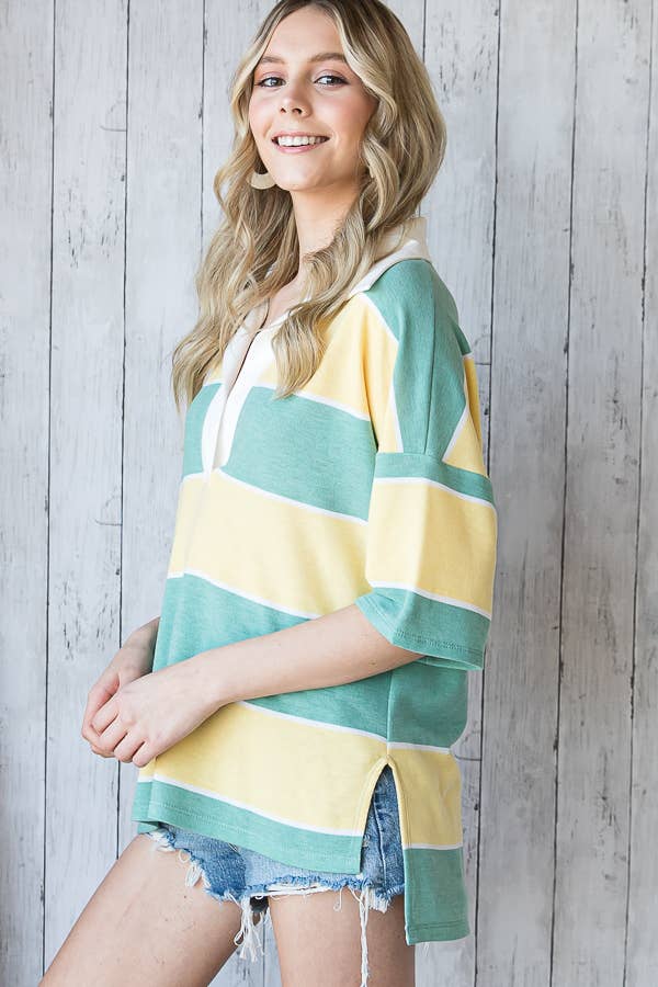 7th Ray - Oversized Striped Collar Split Neck Short Sleeve Top T4061