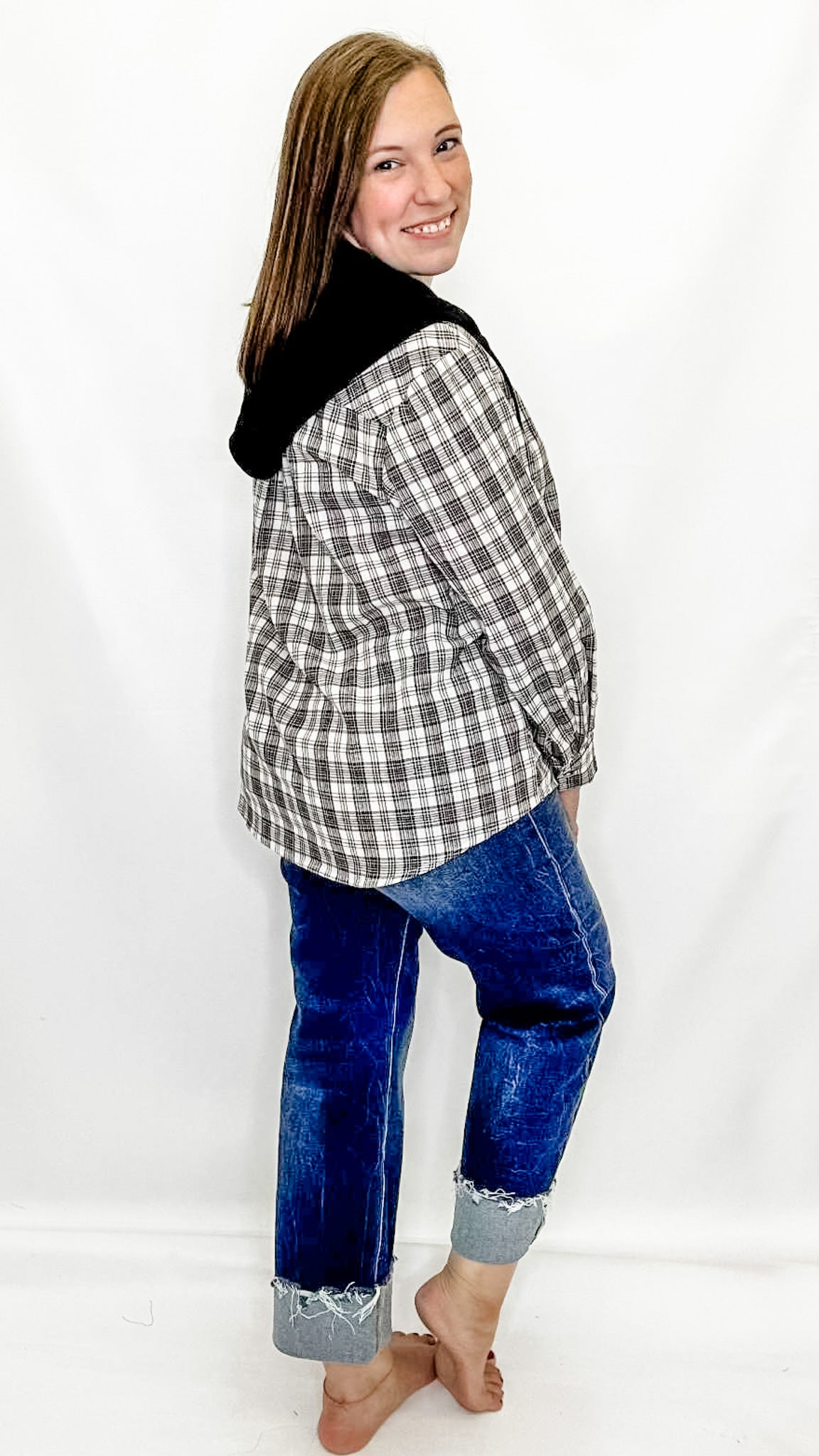 Black & Tan Plaid Hooded Shirt