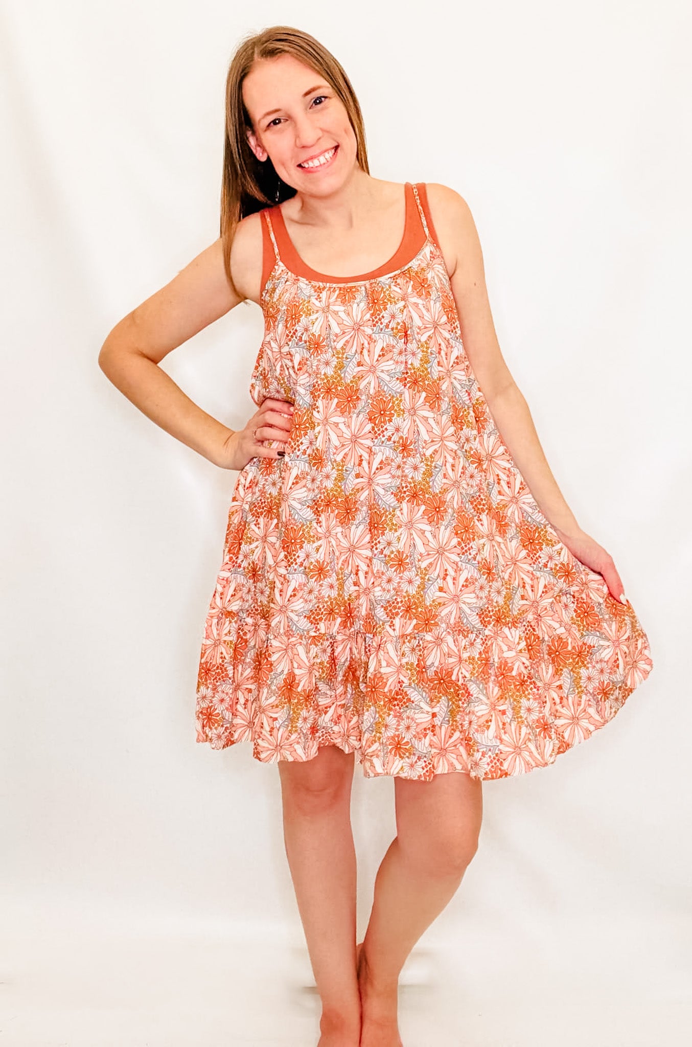 Rust & Blue Floral Sleeveless Dress