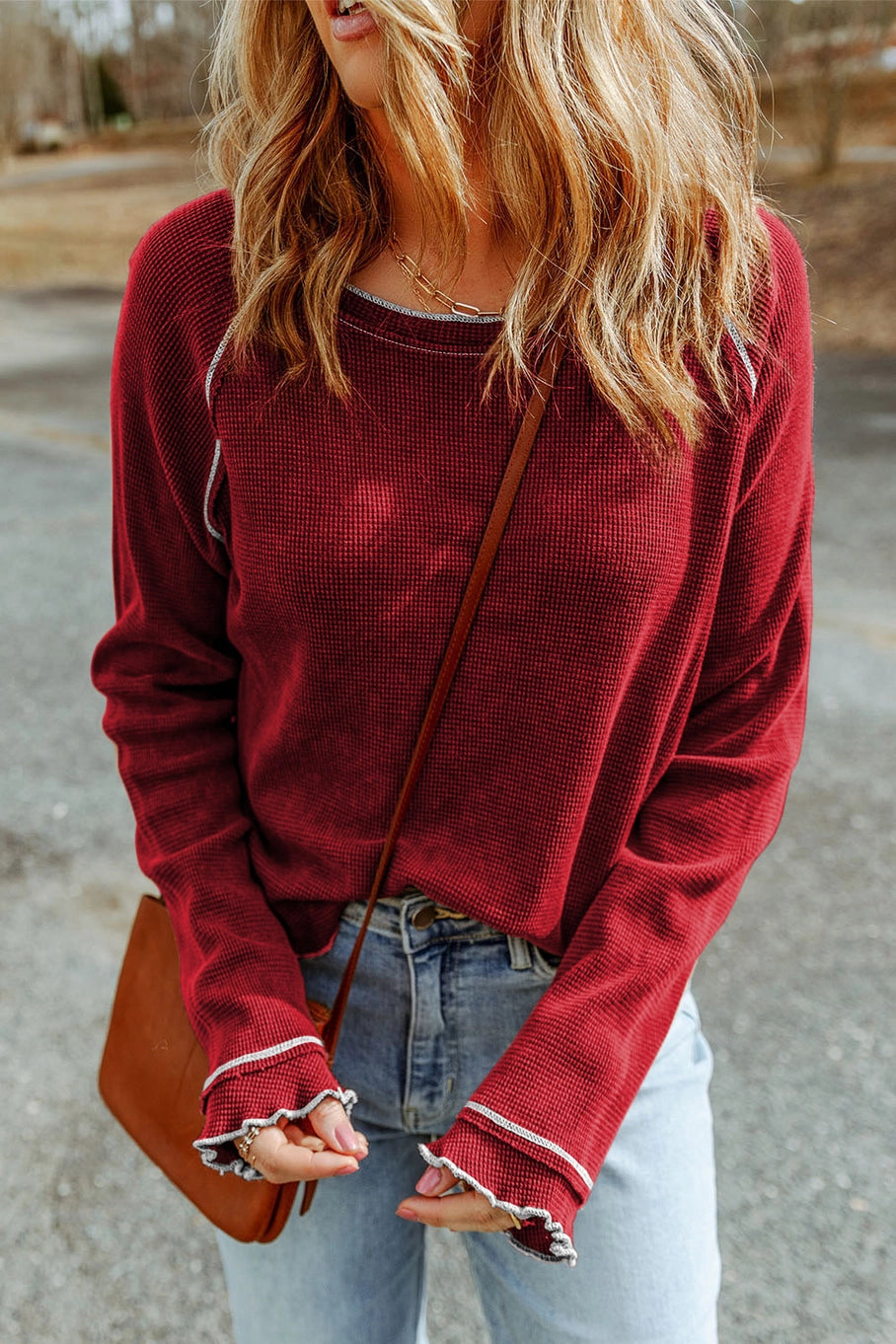 Burgundy Textured Long Sleeve Top