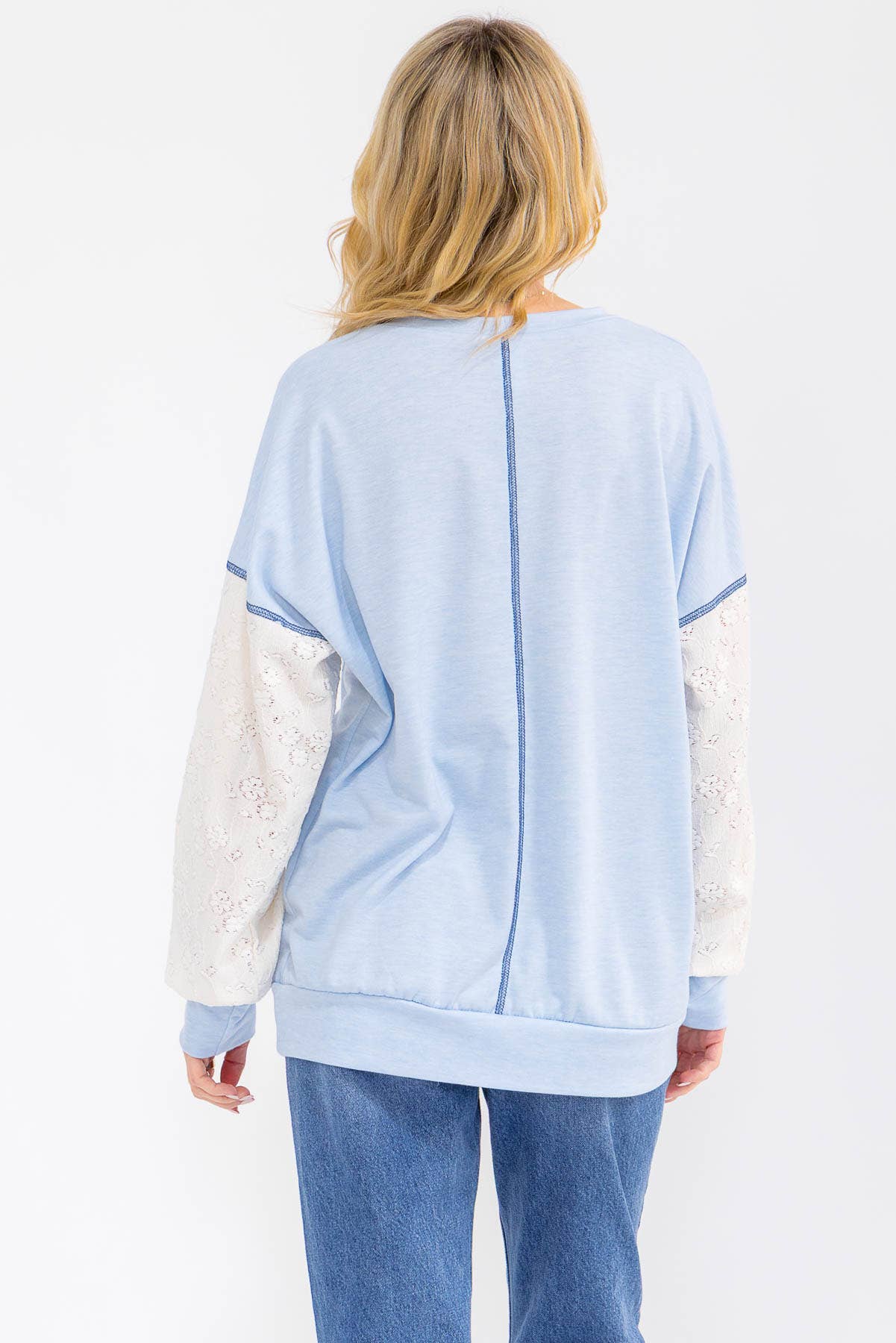 Light Blue Contrast Lace Sleeve Pullover Top