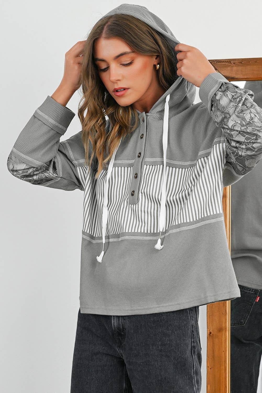 Olive Gray Striped Waffle & Print Front Hoodie