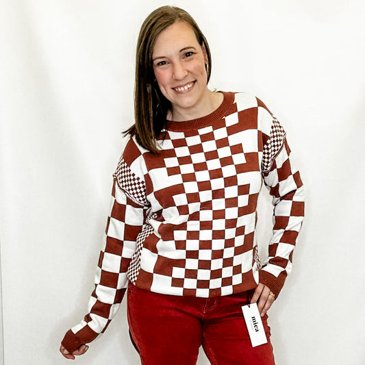 Brick Red Checkered Cozy Sweater