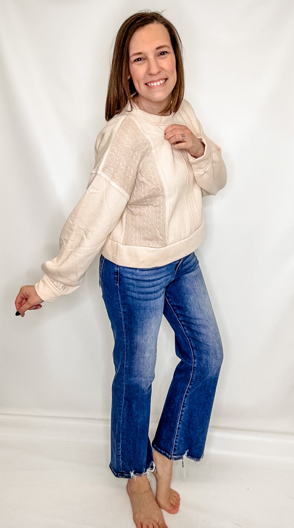 Cable Contrast Detail Knit Crop Sweatshirt