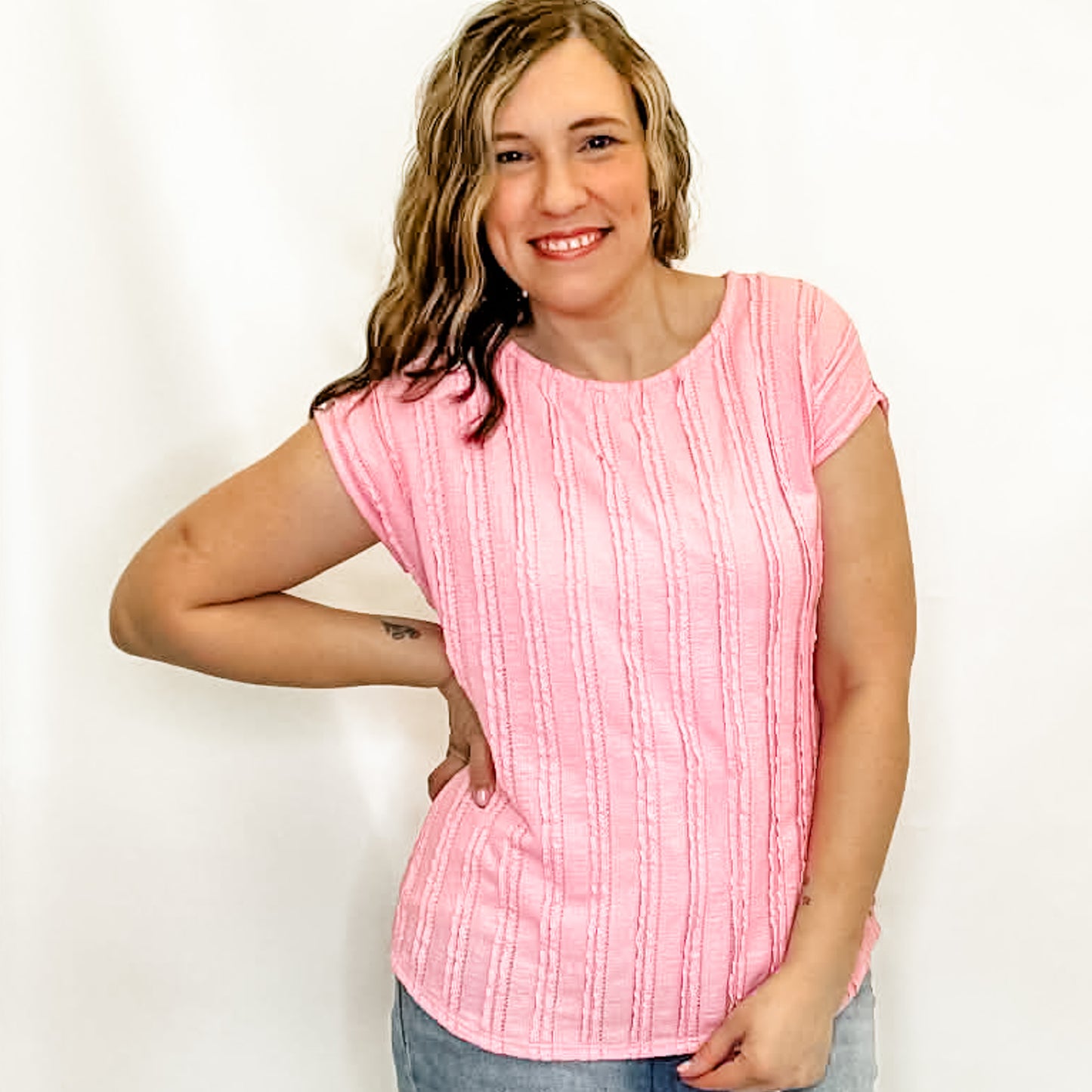Pink Lightweight Stripe Textured Cap Sleeve Blouse