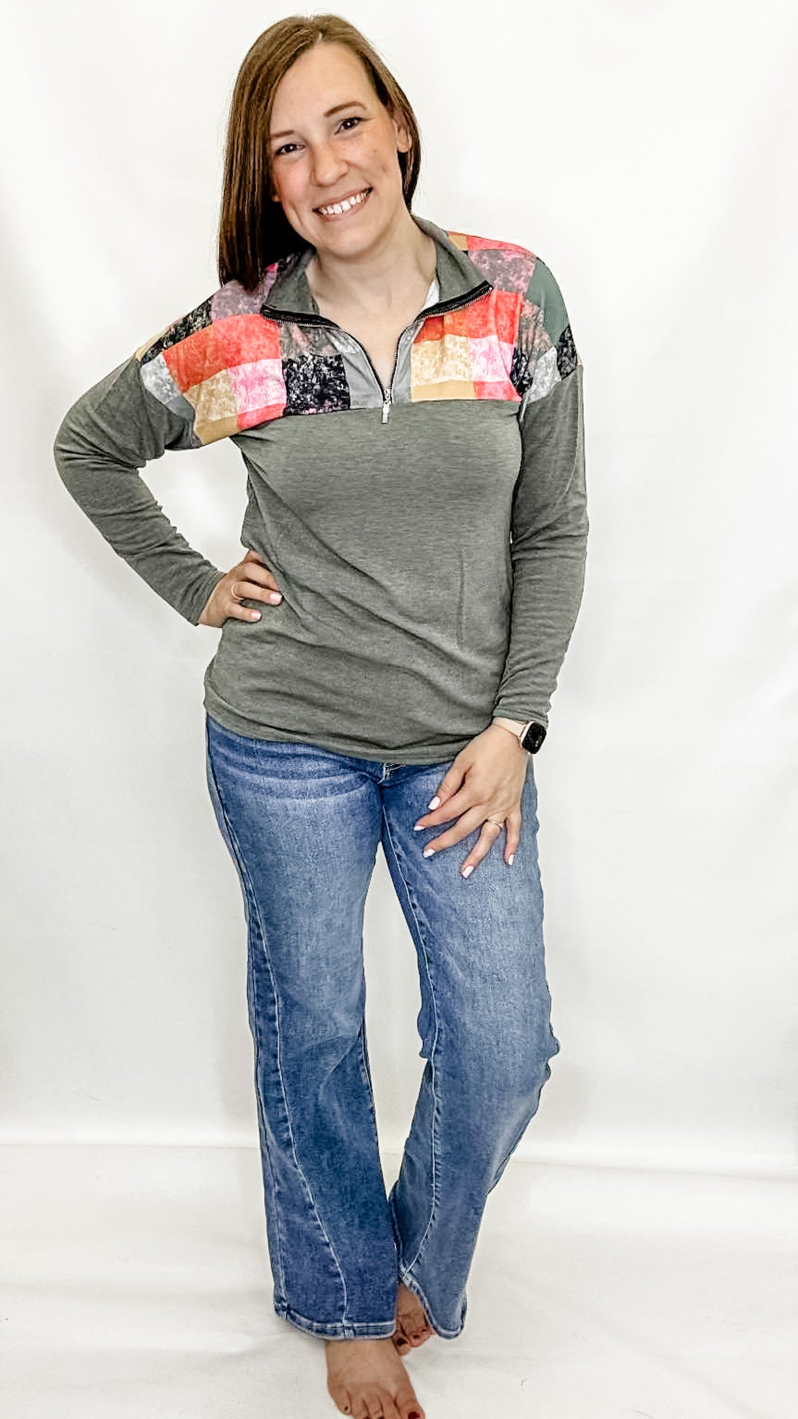 Olive & Colorful Block Quarter Zip