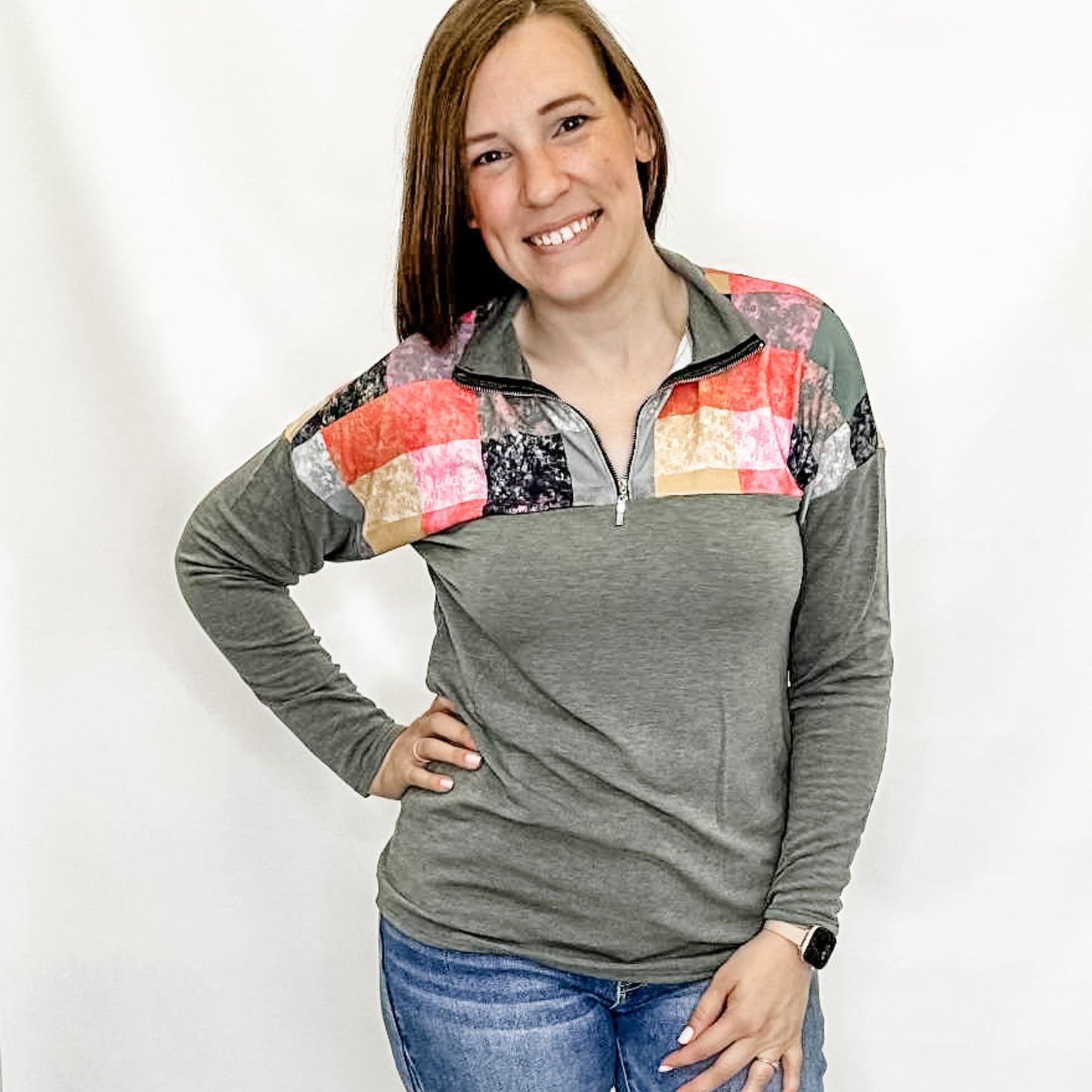 Olive & Colorful Block Quarter Zip