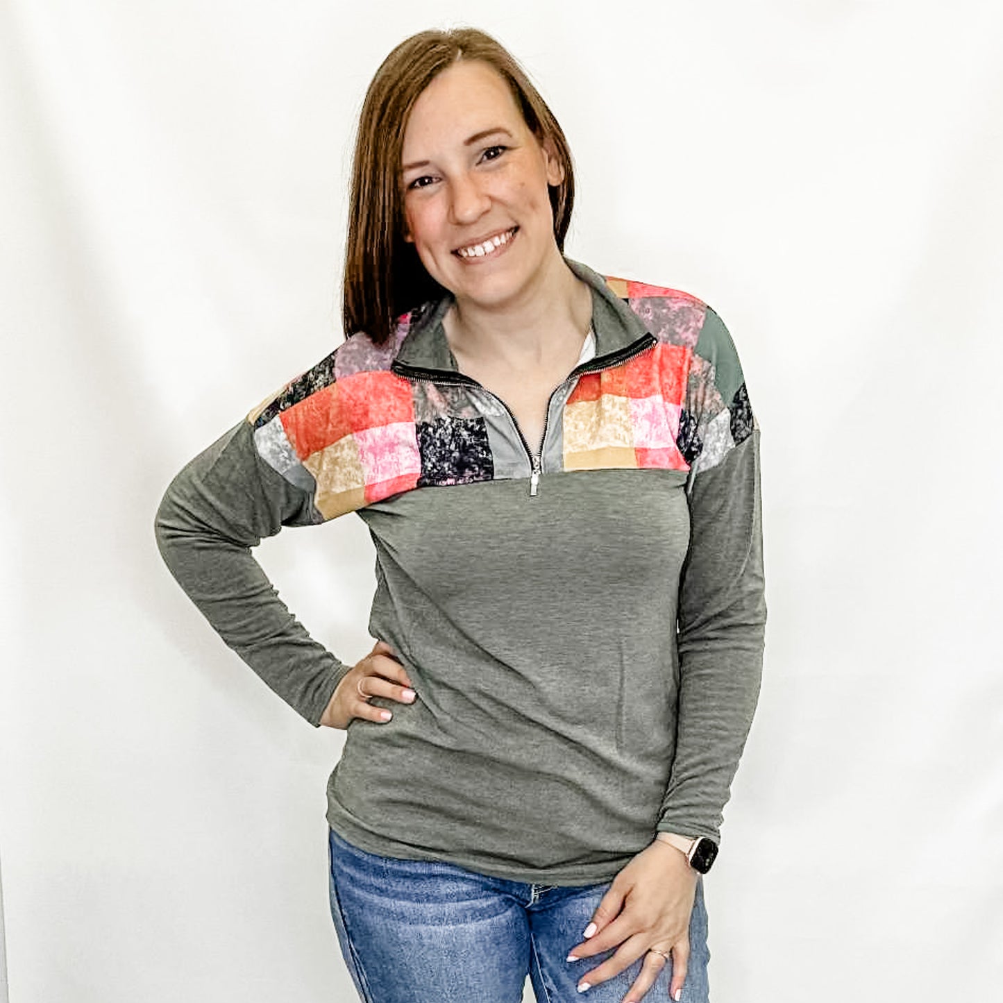 Olive & Colorful Block Quarter Zip