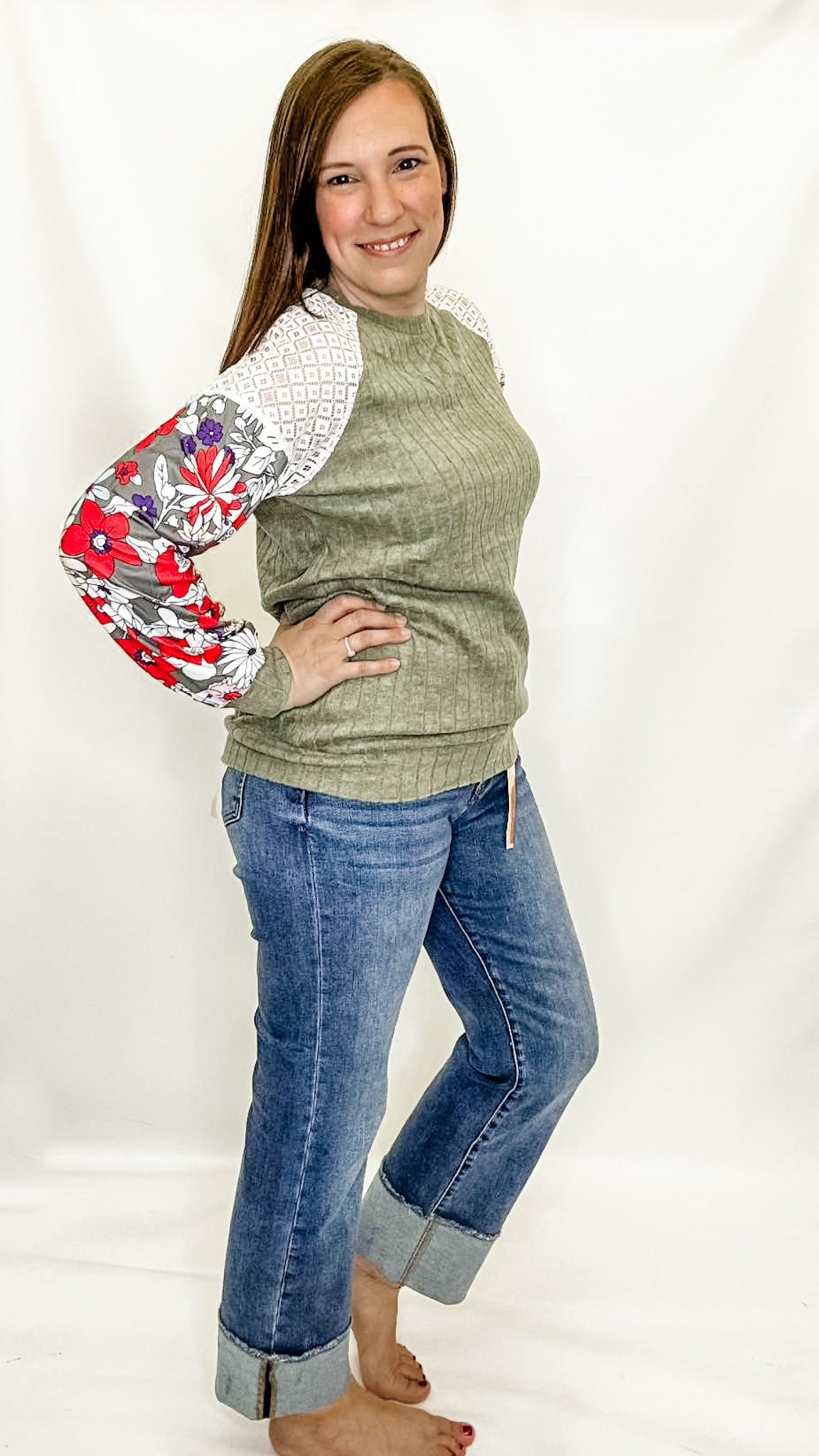 Olive & Floral Sleeve Ribbed Long Sleeve