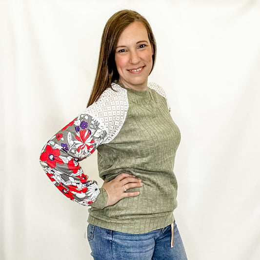 Olive & Floral Sleeve Ribbed Long Sleeve