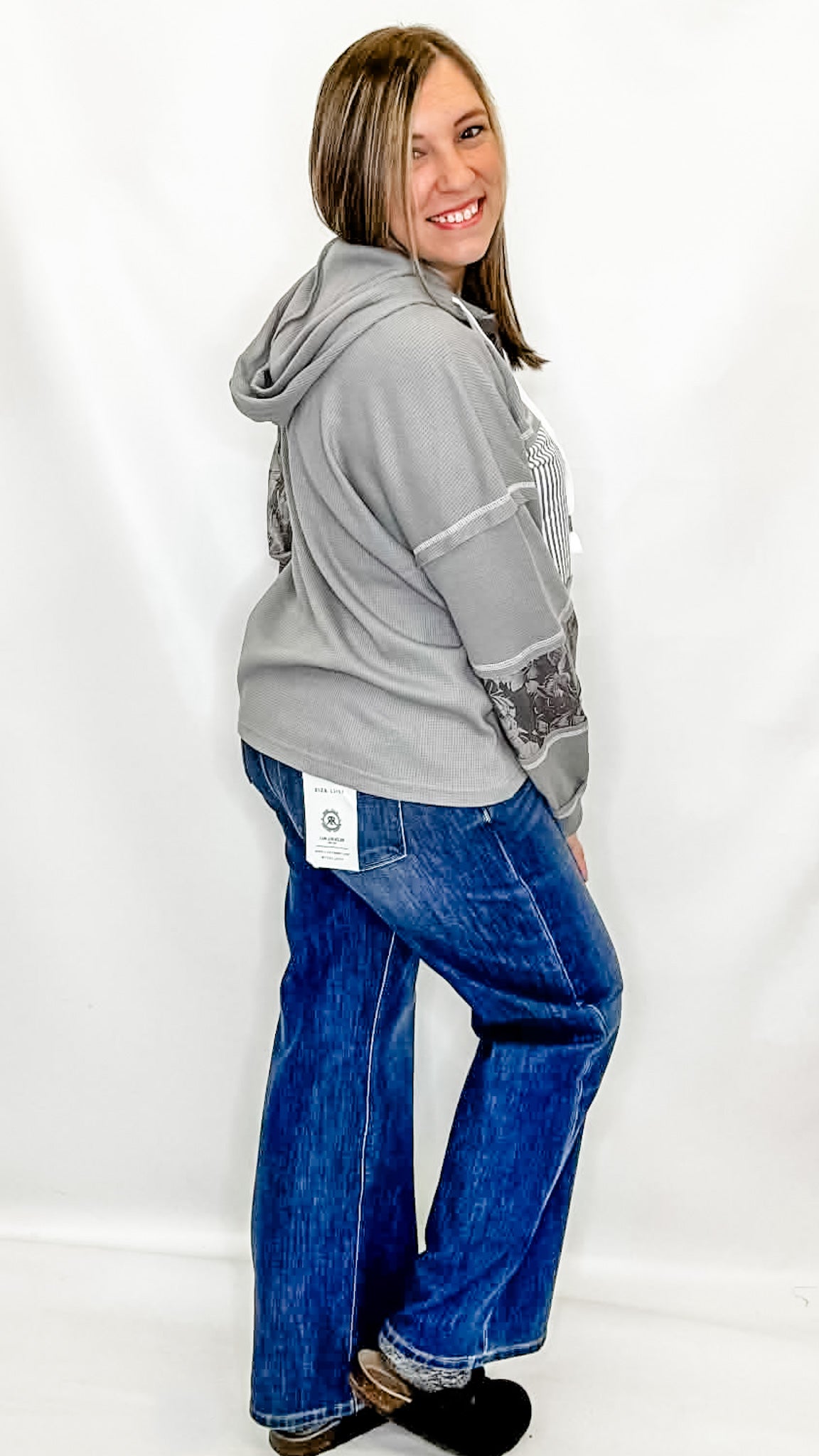 Olive Gray Striped Waffle & Print Front Hoodie