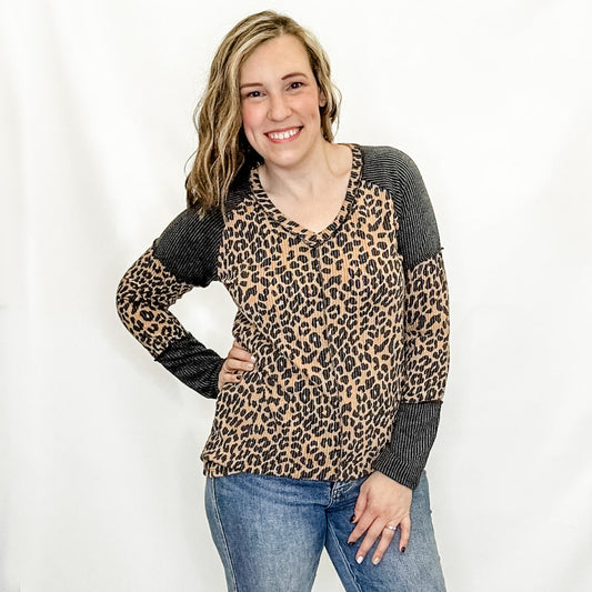 Camel Leopard & Charcoal Ribbed Long Sleeve Top