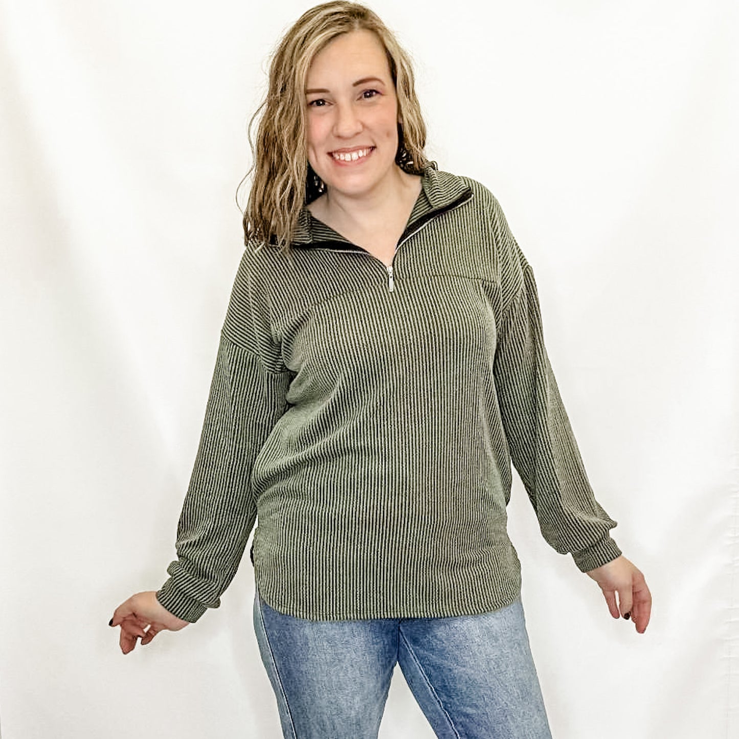 Olive Ribbed Quarter Zip Long Sleeve