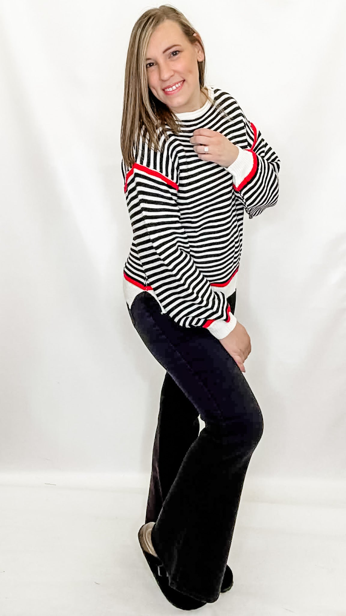 Black & White Striped Sweater with Red Accents