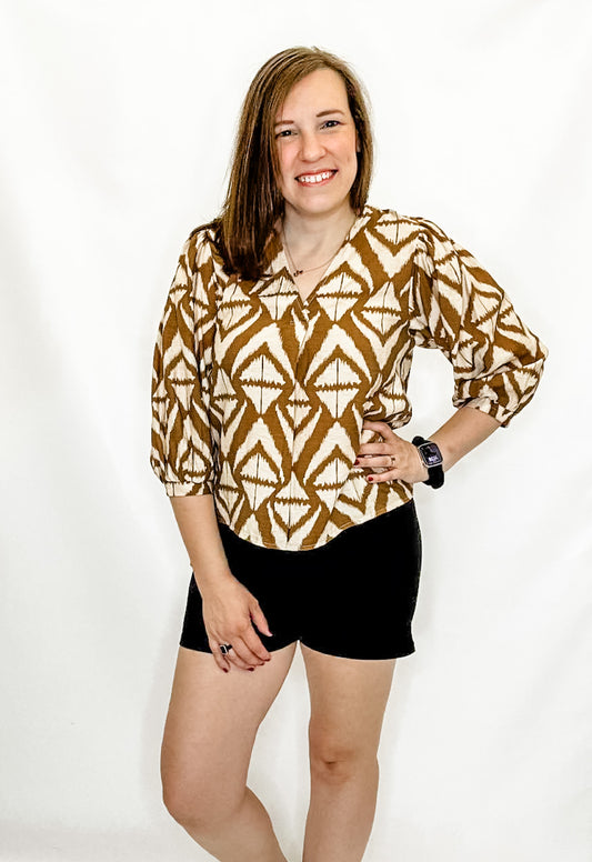 Olive or Brown Tribal Print V-Neck Blouse