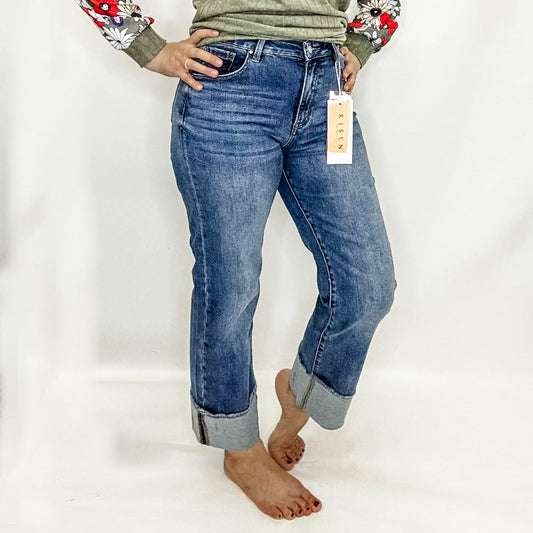 Risen High Rise Straight Cuffed Relaxed Jeans