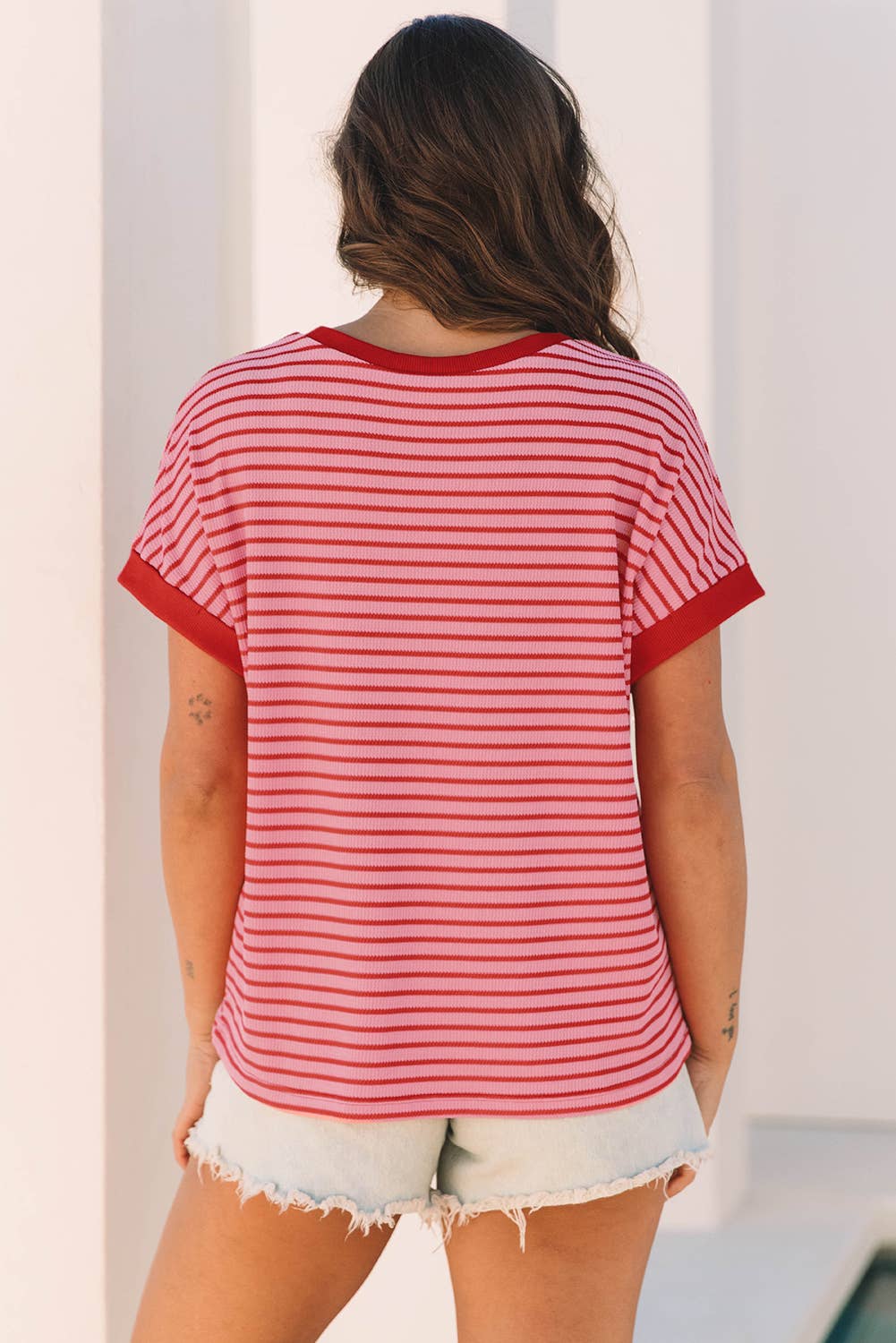 Red & Pink Stripe Knitted Short Sleeve Top