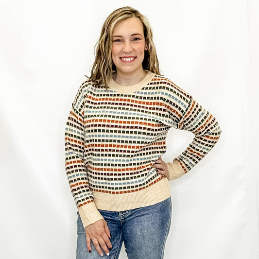 Fall, Multi-Color Textured Stripe Sweater