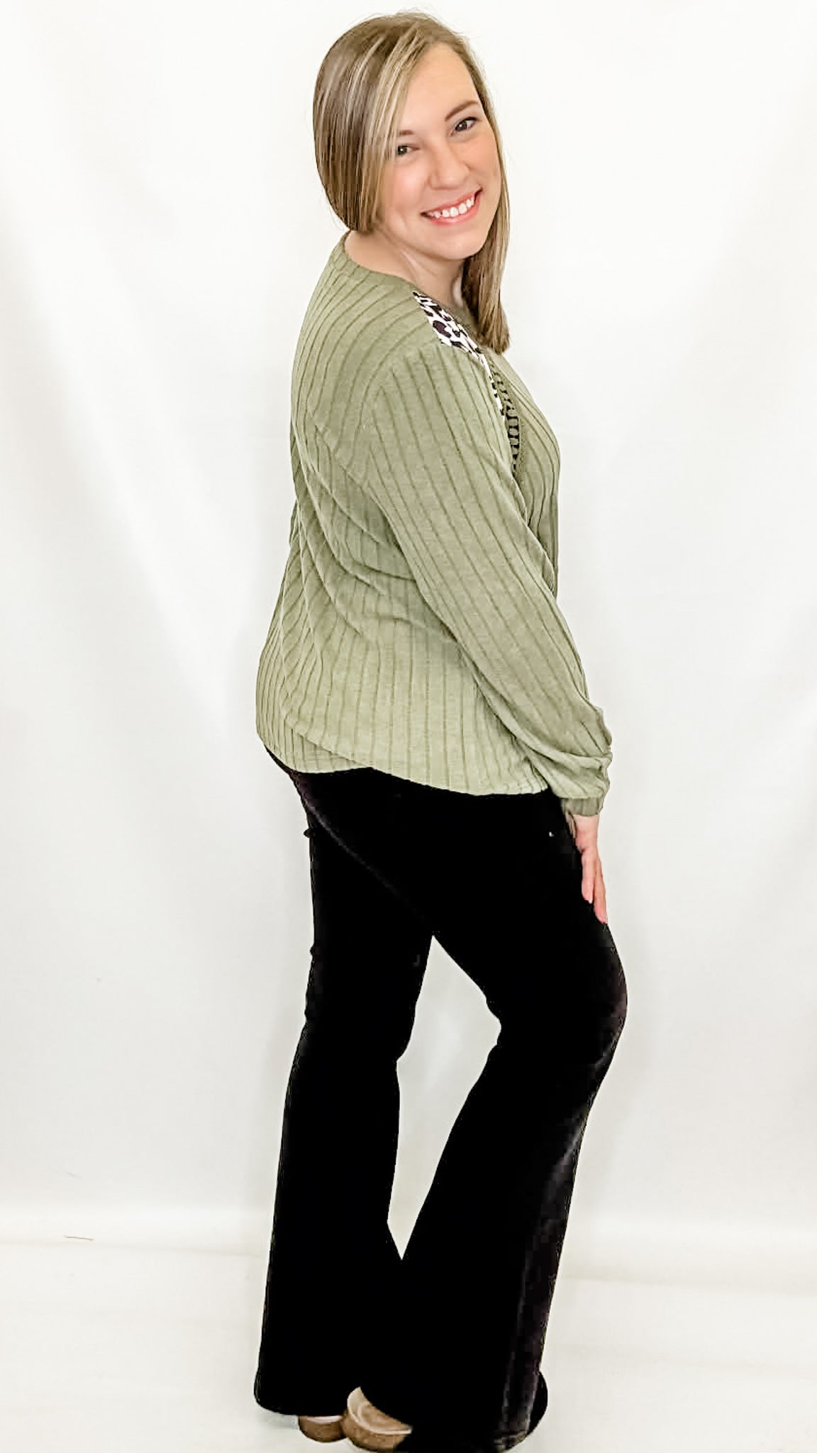 Olive Green & Leopard Print Crochet Textured Top