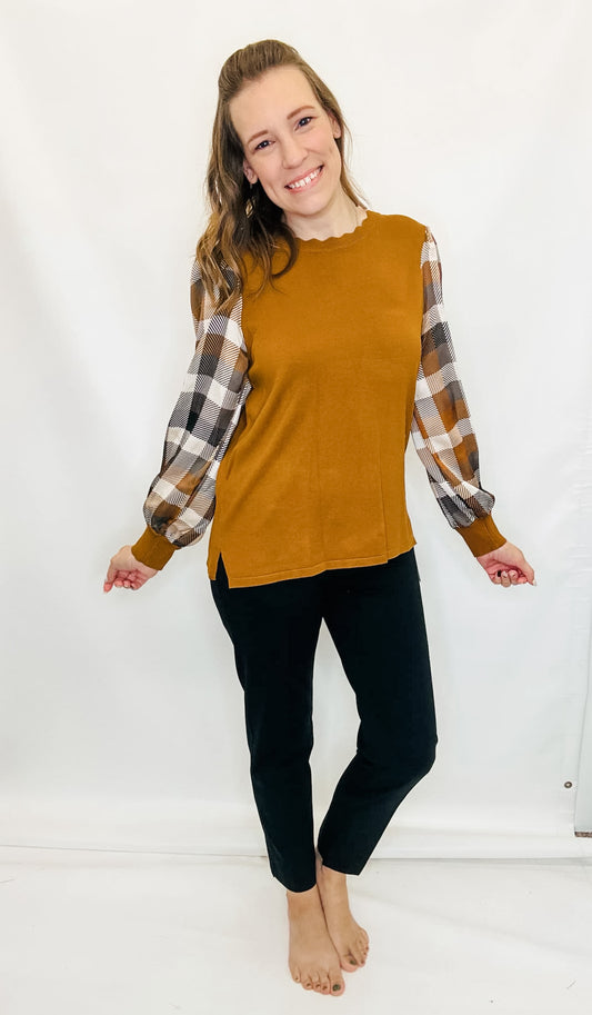 Multiples Tobacco & Check Sweater Blouse