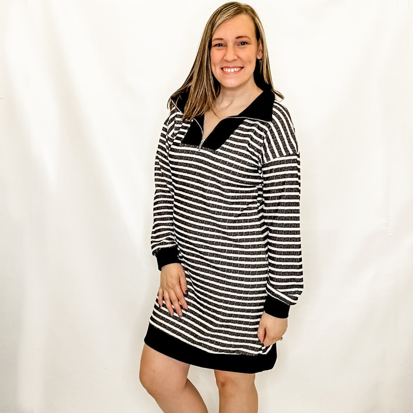 Black & Cream Stripe Long Sleeve Dress