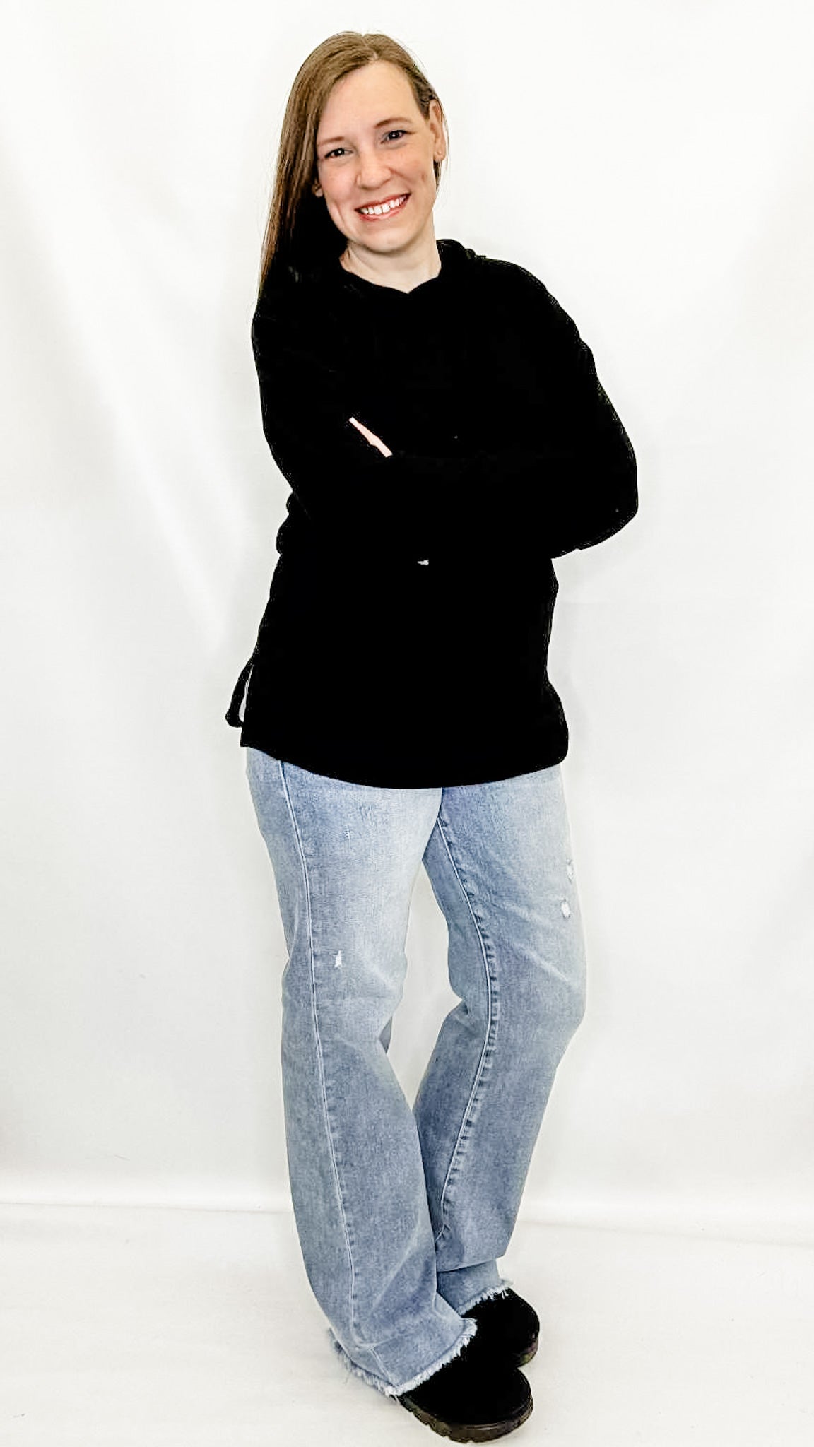 Black Knit Hooded Long Sleeve Top from Heimish