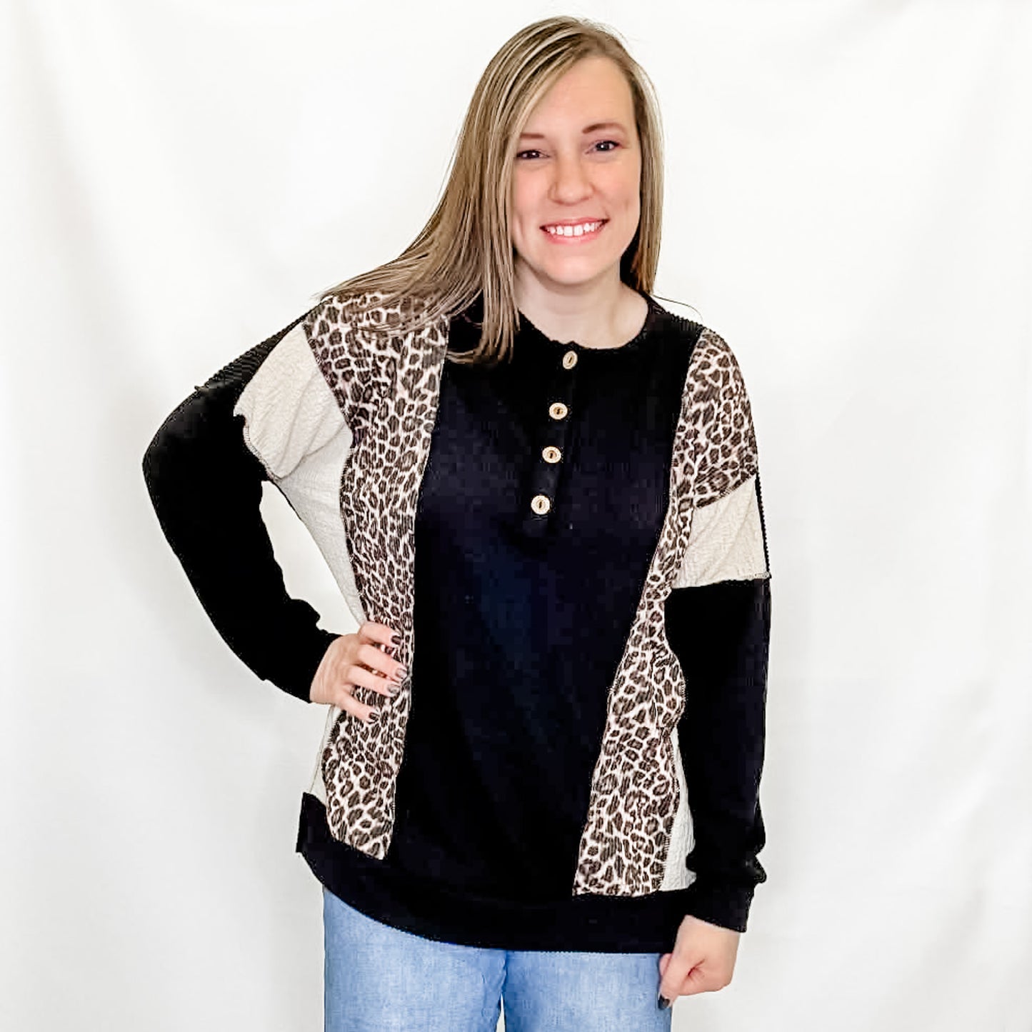 Black & Leopard Long Sleeve Top