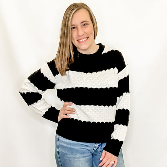Black & White Scalloped Striped Knit Sweater