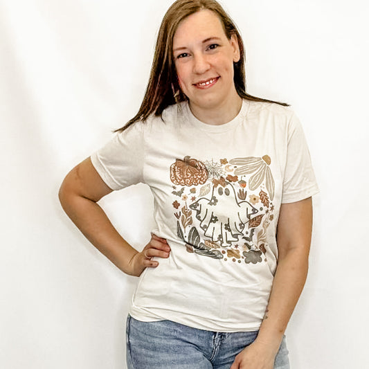 Boho Ghost Heather Oatmeal Graphic Tee. Bella Canvas. Pumpkins. Fall.