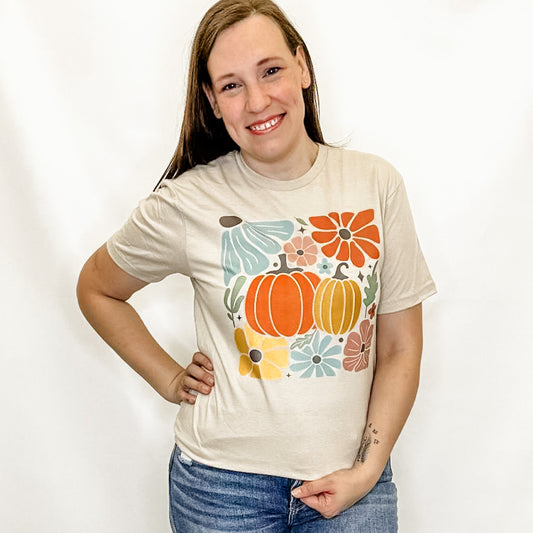 Bright Fall Floral Pumpkins Cream Graphic Tee in sizes S-2x.
