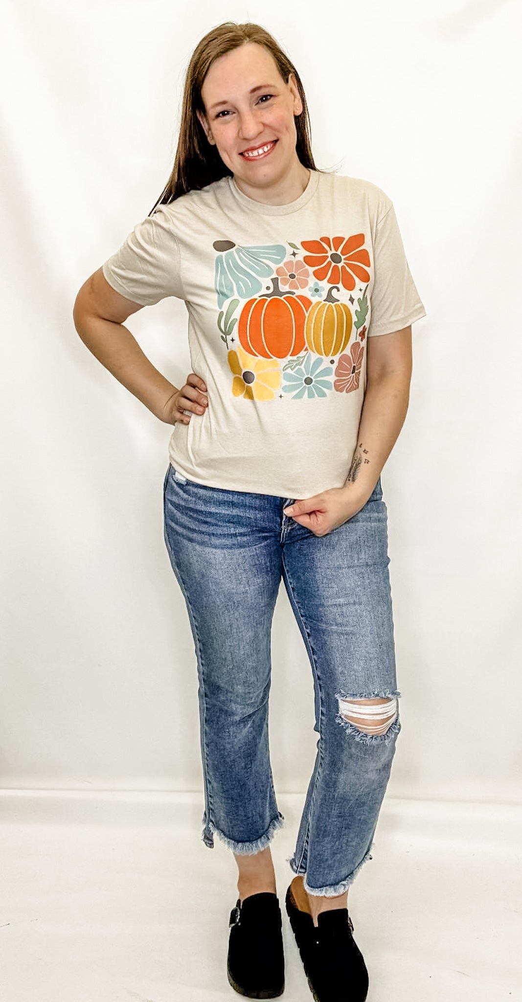 Bright Fall Floral Pumpkins Cream Graphic Tee in sizes S-2x.