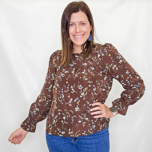 Brown Floral Ruffle Hem Top. Staccato