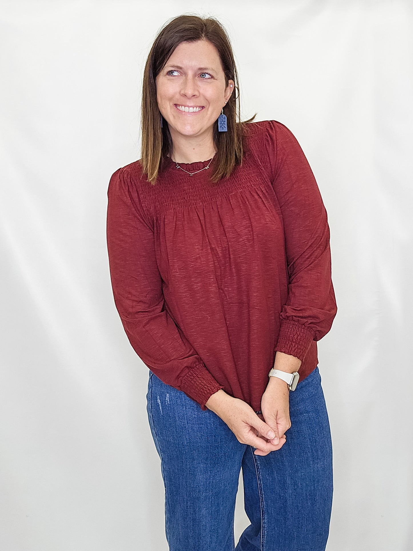 Burgundy Ruffle Smocked Long Sleeve Top