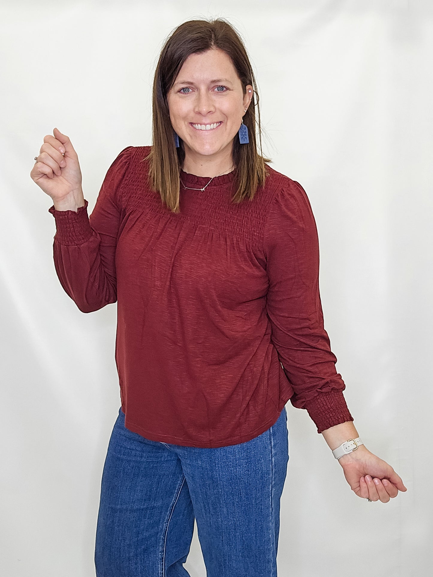 Burgundy Ruffle Smocked Long Sleeve Top